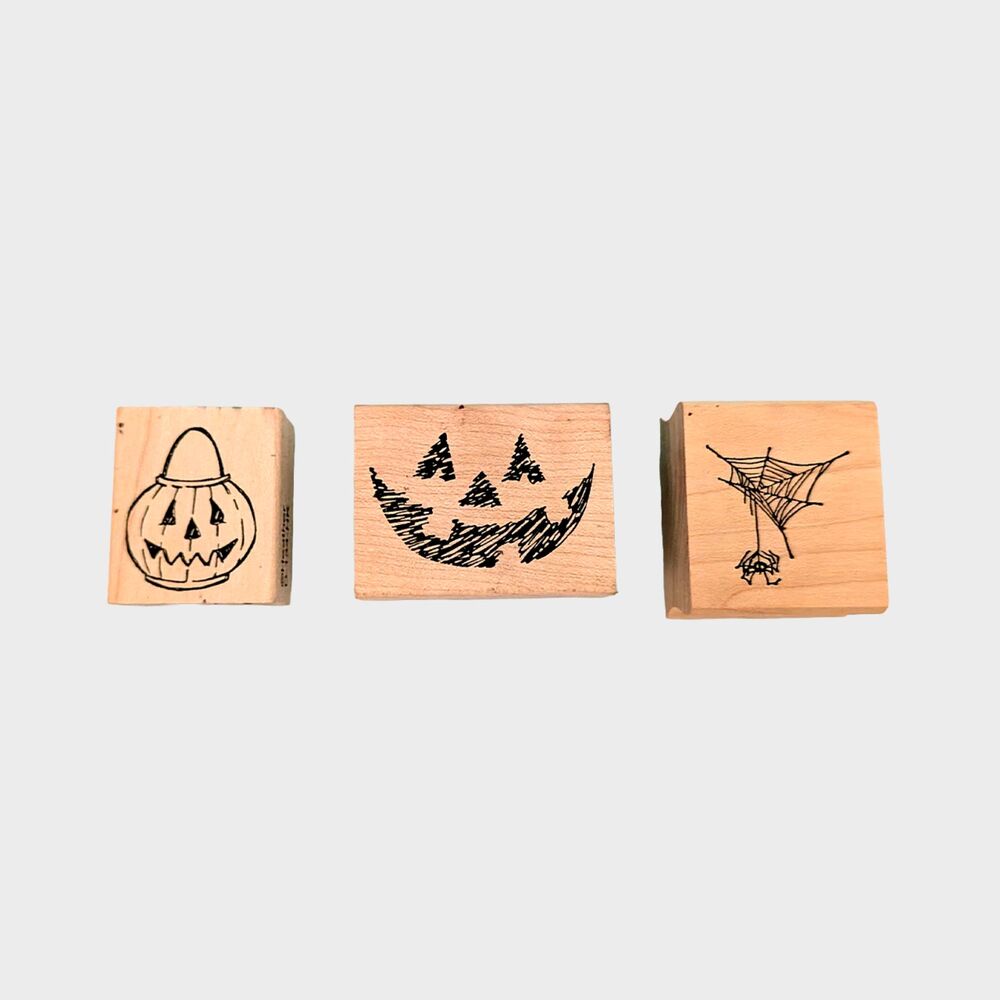 Vtg Halloween Rubber Stamp Lot of 3 Pumpkin Jack-O-Lantern Spiderweb Wood Mount